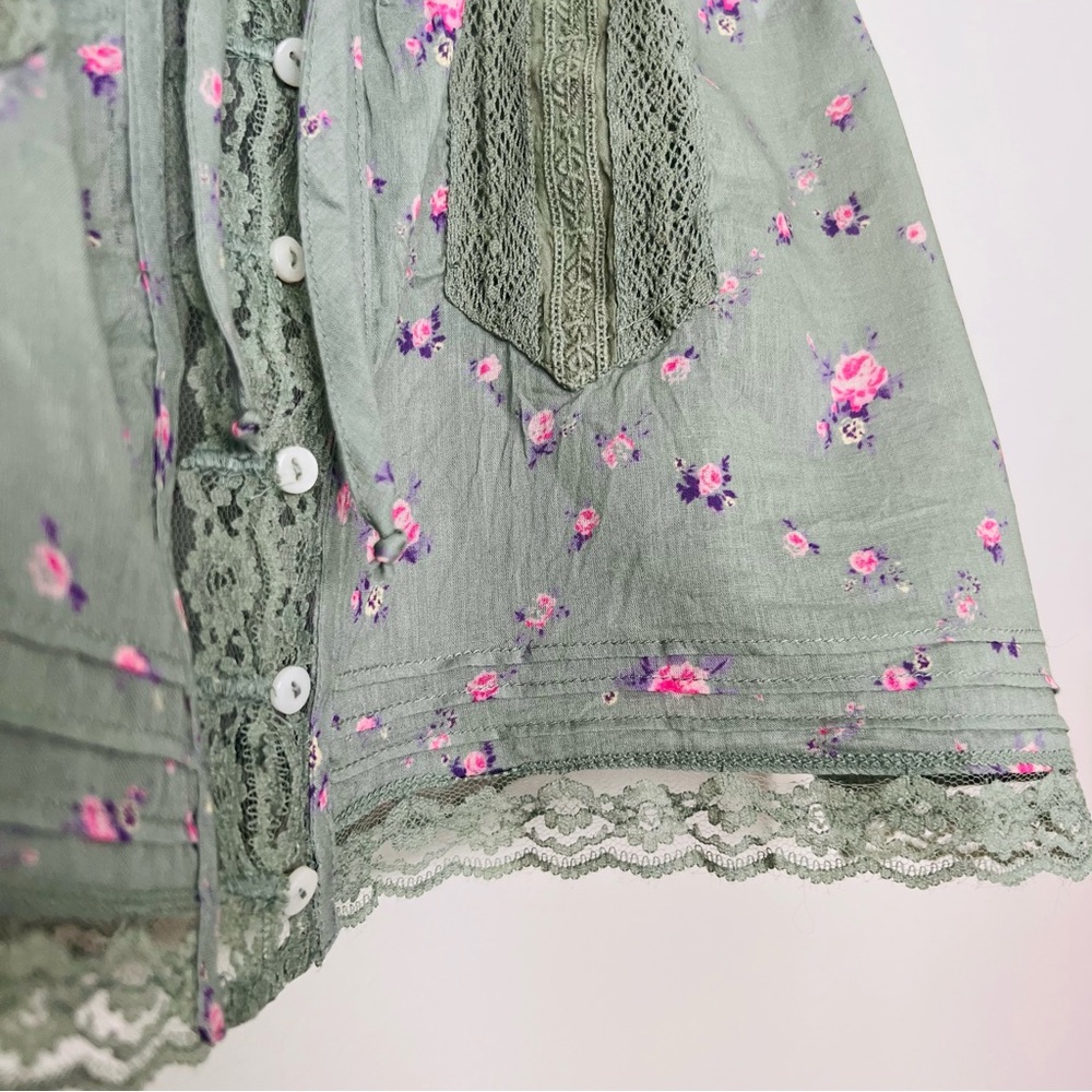 New FREE PEOPLE Forevermore Sheer Lace Floral Print Top Meadow Green Sz L - Picture 11 of 15